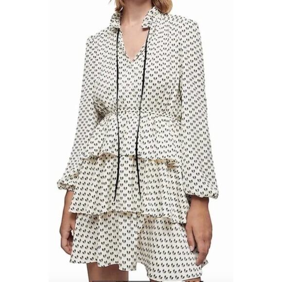 Maje Rinala Ivory Black Bow Ruffle Dress Mini Knee Length Long Sleeve 40 8 M - Picture 11 of 16